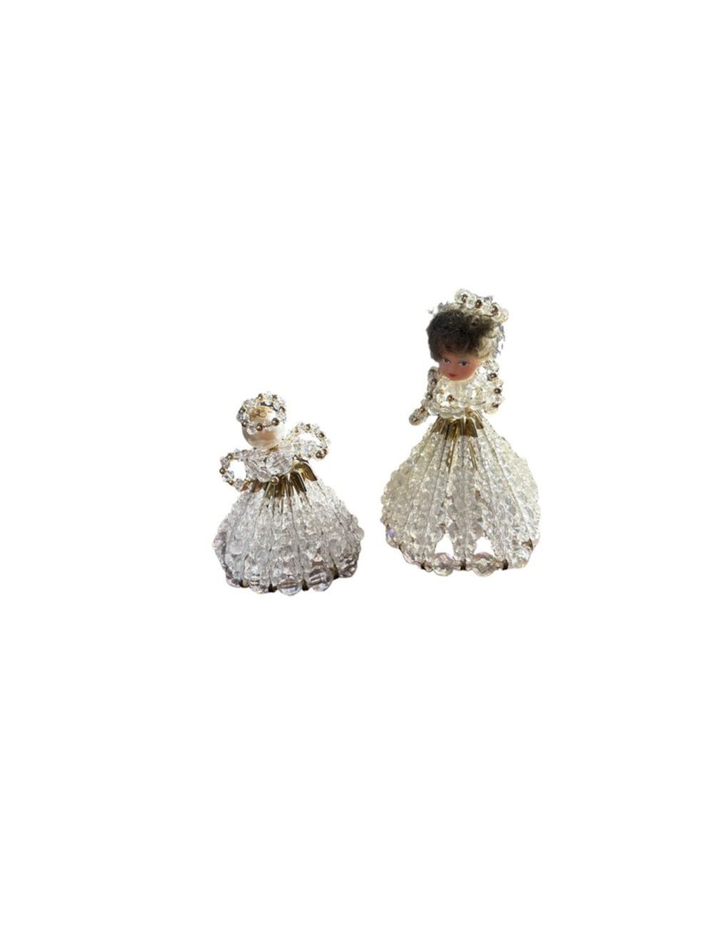Vintage Y2K Holiday Decor Clear Gold Beaded Angel Figurines One Size